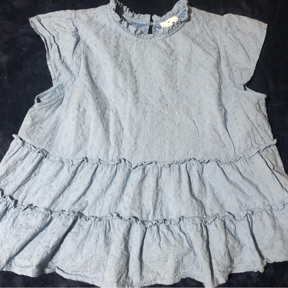 True Craft Light Blue Textured Tiered Babydoll Top Ruffle Neck